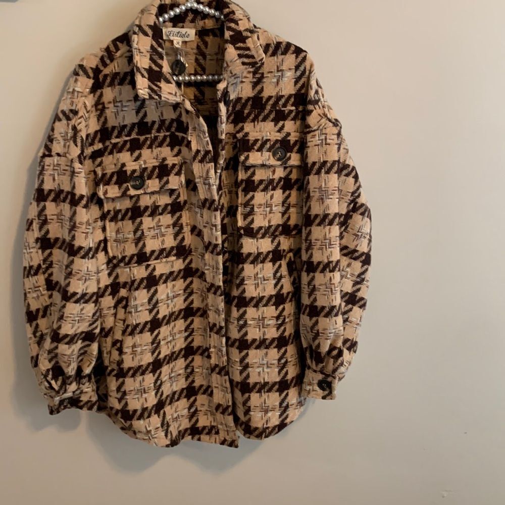 NEW Listicle Plaid Houndstooth Oversized Shacket Shirt Jacket Cozy Women's Large